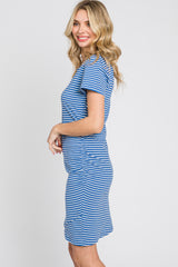 Blue Striped Ruched Side Short Sleeve Dress