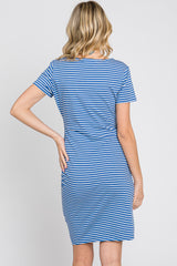 Blue Striped Ruched Side Short Sleeve Dress