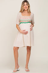 Beige Crochet Puff Sleeve Maternity Dress