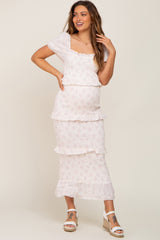 Light Pink Floral Square Neck Smocked Maternity Maxi Dress