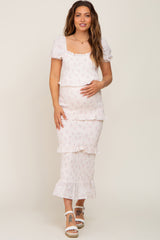 Light Pink Floral Square Neck Smocked Maternity Maxi Dress