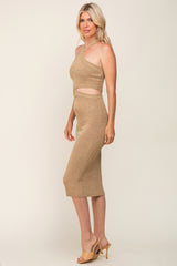 Taupe Side Cutout Halter Knit Midi Dress