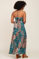 Teal Printed Halter Tassel Front Tie Maxi Dress