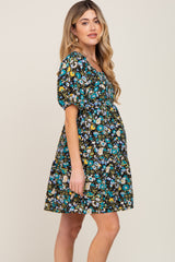 Black Floral Puff Sleeve Maternity Dress