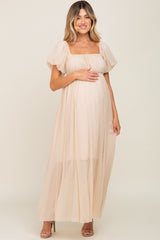 Beige Pleated Puff Sleeve Maternity Maxi Dress