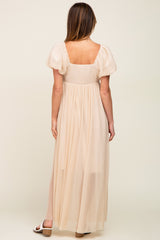 Beige Pleated Puff Sleeve Maxi Dress