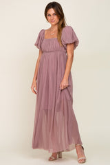 Mauve Pleated Puff Sleeve Maxi Dress