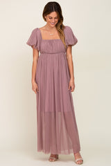 Mauve Pleated Puff Sleeve Maxi Dress