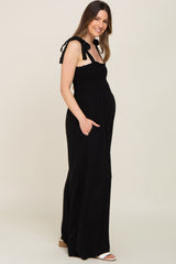 Black Sleeveless Smocked Wide Leg Maternity Jumpsuit