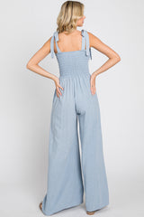 Light Blue Sleeveless Smocked Wide Leg Jumpsuit