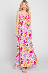 Fuchsia Floral Deep V Halter Maternity Maxi Dress