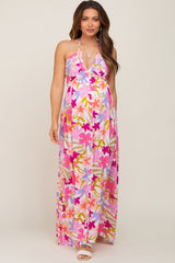 Fuchsia Floral Deep V Halter Maternity Maxi Dress