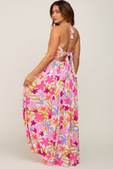 Fuchsia Floral Deep V Halter Maternity Maxi Dress