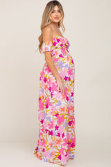 Fuchsia Floral Strapless Smocked Off-Shoulder Maternity Maxi Dress