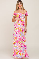 Fuchsia Floral Strapless Smocked Off-Shoulder Maternity Maxi Dress