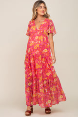 Red Floral Chiffon Tiered Lace-Up Back Maternity Maxi Dress