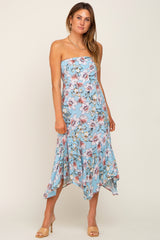 Blue Floral Strapless Handkerchief Maternity Midi Dress