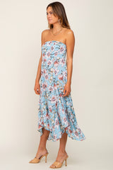 Blue Floral Strapless Handkerchief Midi Dress