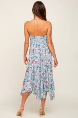 Blue Floral Strapless Handkerchief Midi Dress