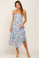 Blue Floral Strapless Handkerchief Midi Dress