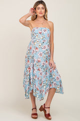 Blue Floral Strapless Handkerchief Maternity Midi Dress