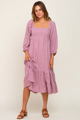 Mauve Striped 3/4 Cinched Sleeve Tiered Maternity Midi Dress