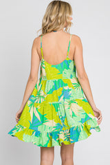 Lime Green Leaf Print Tiered Midi Dress