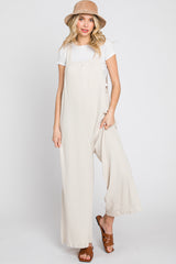 Beige Ribbed Maternity Wide Leg Jumpsuit