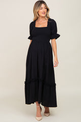 Black Puff Sleeve Ruffle Accent Maternity Maxi Dress