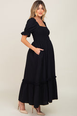 Black Puff Sleeve Ruffle Accent Maternity Maxi Dress