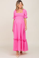 Hot Pink Puff Sleeve Ruffle Accent Maternity Maxi Dress