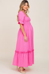 Hot Pink Puff Sleeve Ruffle Accent Maternity Maxi Dress