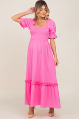 Hot Pink Puff Sleeve Ruffle Accent Maternity Maxi Dress