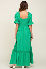 Green Puff Sleeve Ruffle Accent Maxi Dress