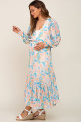 Aqua Floral Chiffon Ruffle Hem Maternity Cover-Up