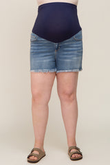 Medium Wash Frayed Hem Plus Maternity Shorts