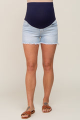 Light Wash Frayed Hem Maternity Denim Shorts