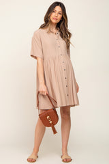 Taupe Buttondown Short Sleeve Maternity Dress