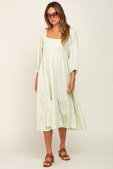 Light Green Striped 3/4 Cinched Sleeve Tiered Midi Dress