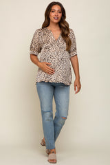 Taupe Animal Print Puff Sleeve Maternity Blouse