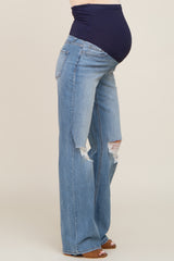 Blue Exposed Knee Maternity Flare Jeans