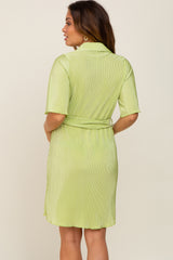 Lime Pleated Button Front Tied Waist Maternity Dress