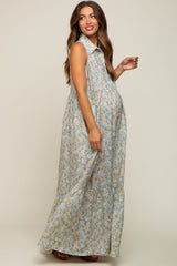 Mint Green Floral Collared Maternity Maxi Dress