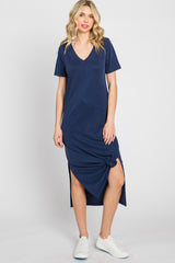 Navy V-Neck Short Sleeve Side Slit Maternity Midi Dress