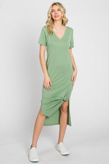 Sage V-Neck Short Sleeve Side Slit Midi Dress