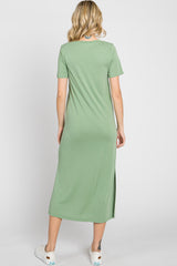 Sage V-Neck Short Sleeve Side Slit Midi Dress