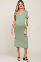 Sage V-Neck Short Sleeve Side Slit Maternity Midi Dress