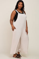 Beige Ribbed Plus Wide Leg Jumpsuit