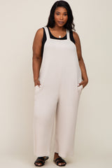 Beige Ribbed Plus Wide Leg Jumpsuit