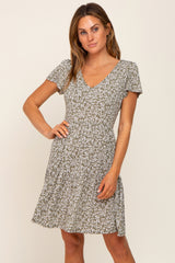 Olive Leaf Printed V-Neck Short Sleeve Maternity Dress